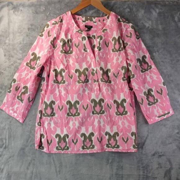 Talbots Petite Pink‎ Ikat Print Tunic Top LP Semi Sheer Preppy Boho 100% Cotton - Picture 1 of 9